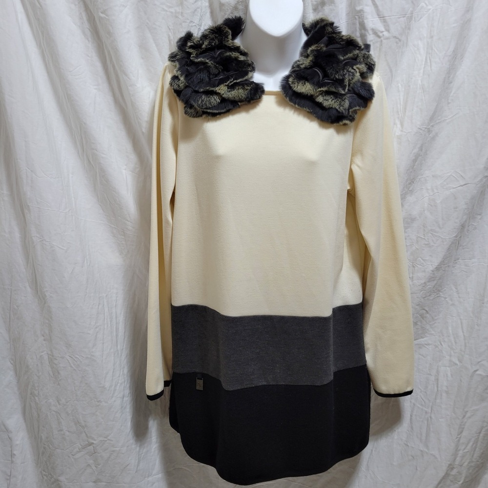 Dino Gaspari‎ Rabbit Pelt Collar Sweater Dress Size XL Colorblock Wool Blend